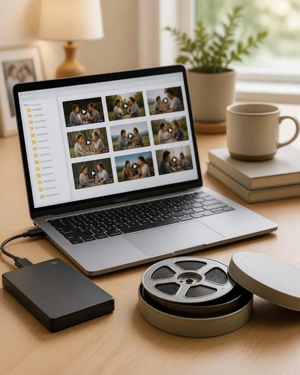 Organized digital home-movie files on a laptop beside an 8mm reel and protective case