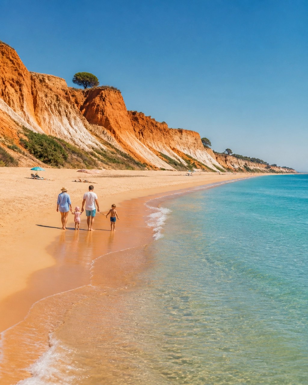 Family enjoying a bright, uncrowded Algarve beach beneath red-gold cliffs