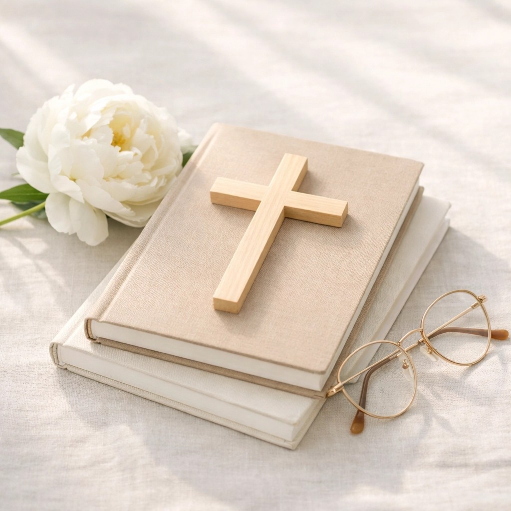 A wooden cross on linen journals, focusing on the Cross as the standard for believers.
