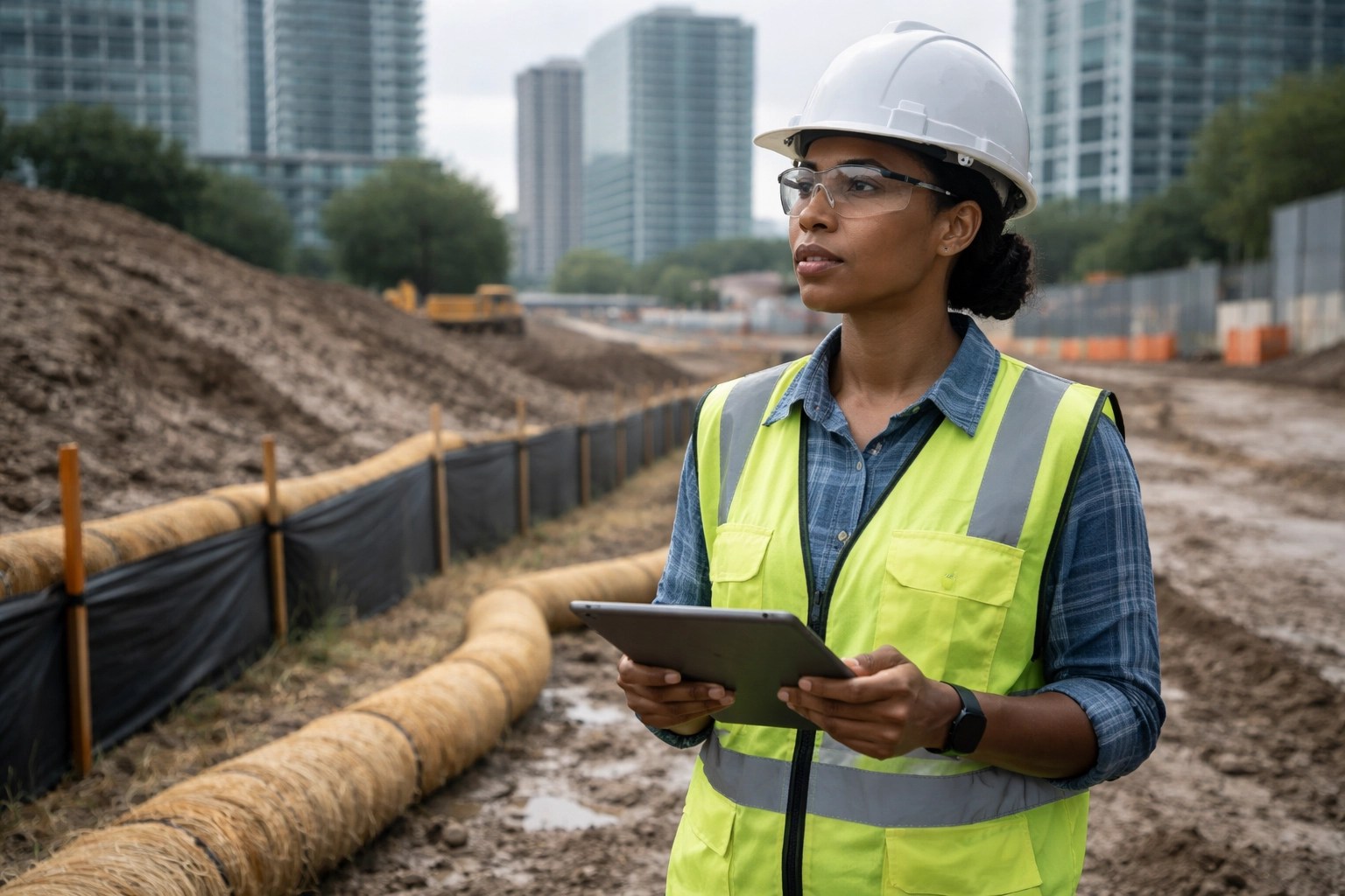 Inspector checking erosion and sediment controls with clipboard