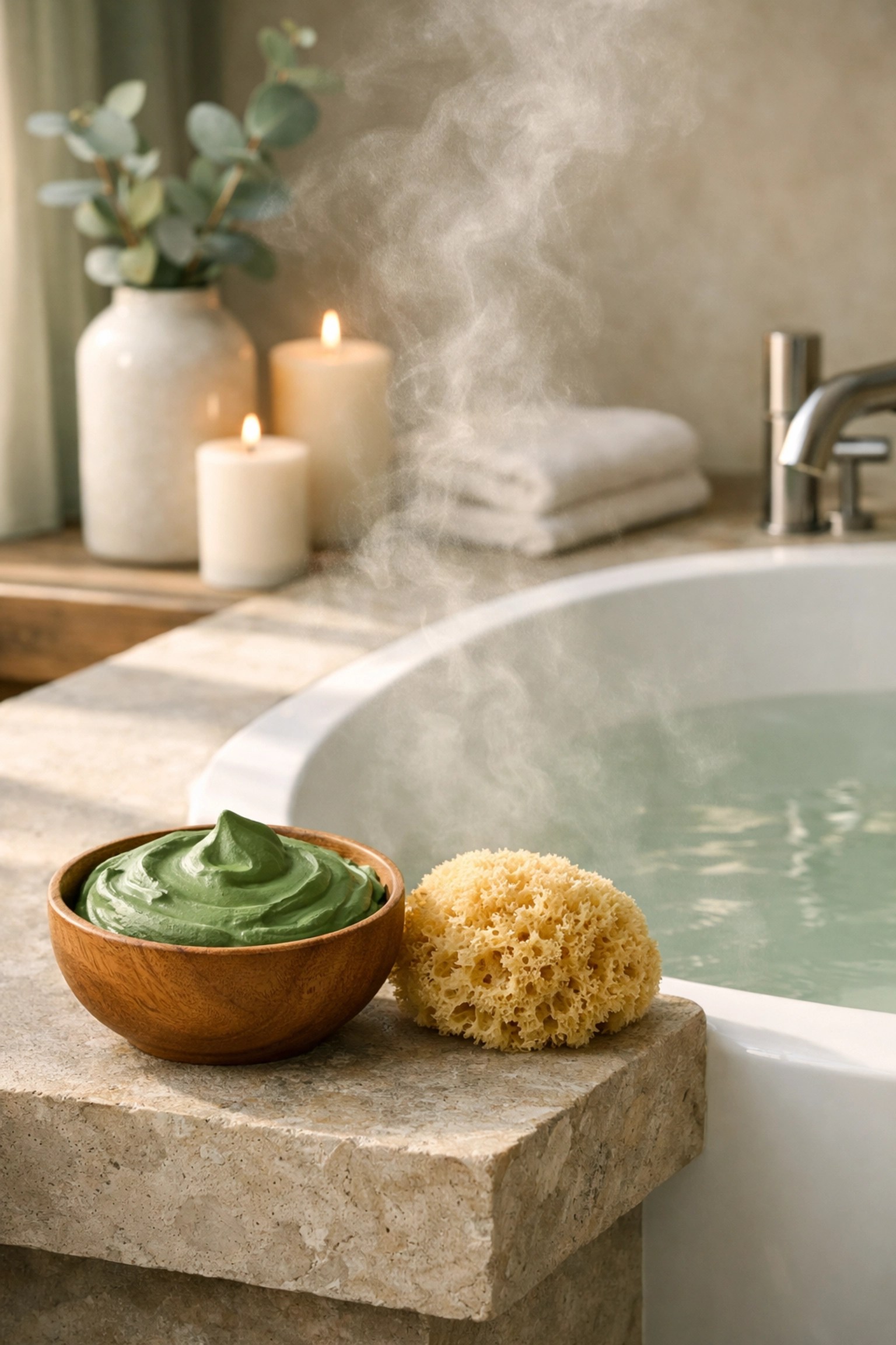 A restorative green clay mineral bath setting with a preparation bowl for natural muscle recovery and relaxation.