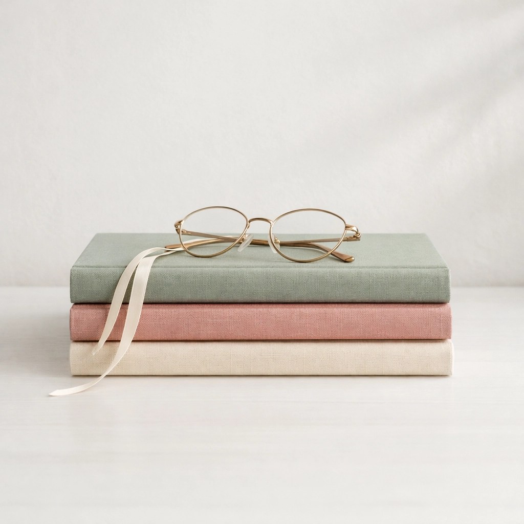 A stack of linen-bound christian planners in pastel colors, perfect for intentional spiritual growth.