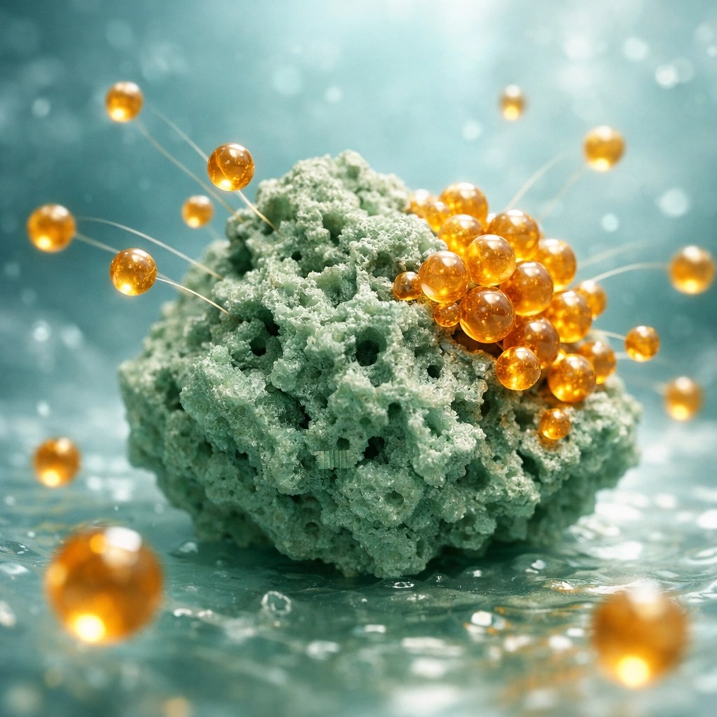 Sage-green food grade clay particles attracting and binding toxins via adsorption for a deep internal clay detox.