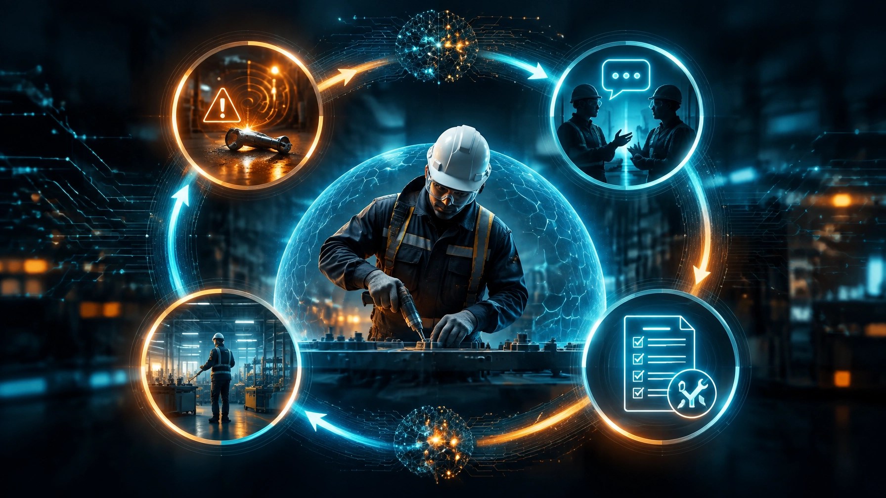 A luminous safety-learning loop turning an incident signal into a conversation, changed procedure, and safer everyday work
