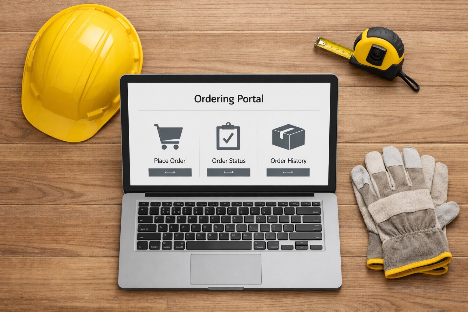 Contractor using online ordering portal on laptop with hard hat and construction equipment