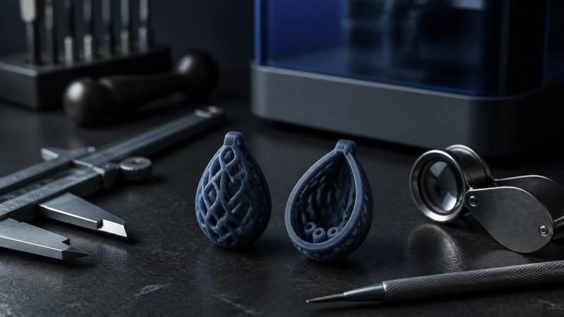 Solid and hollow castable resin pendants with drainage holes on a jeweler's bench