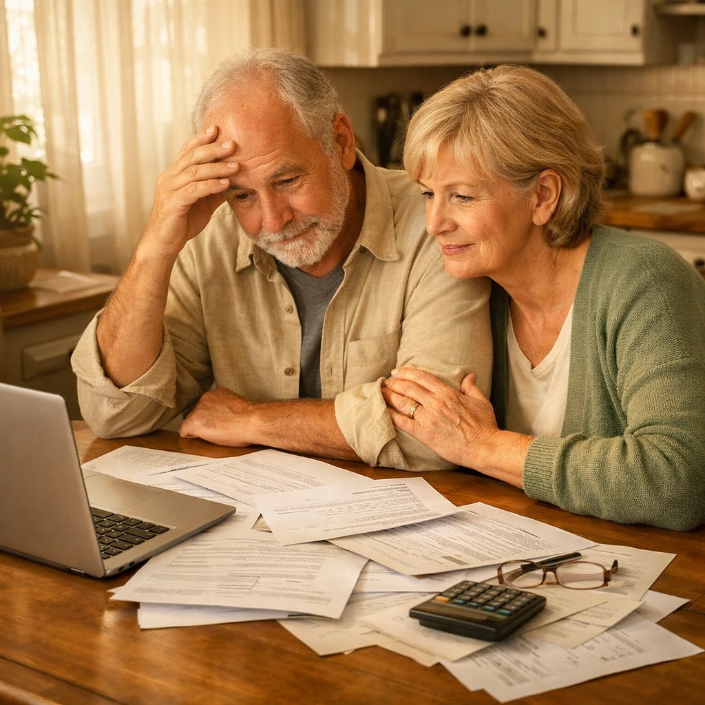 Senior couple reviewing trust and estate planning documents at their kitchen table