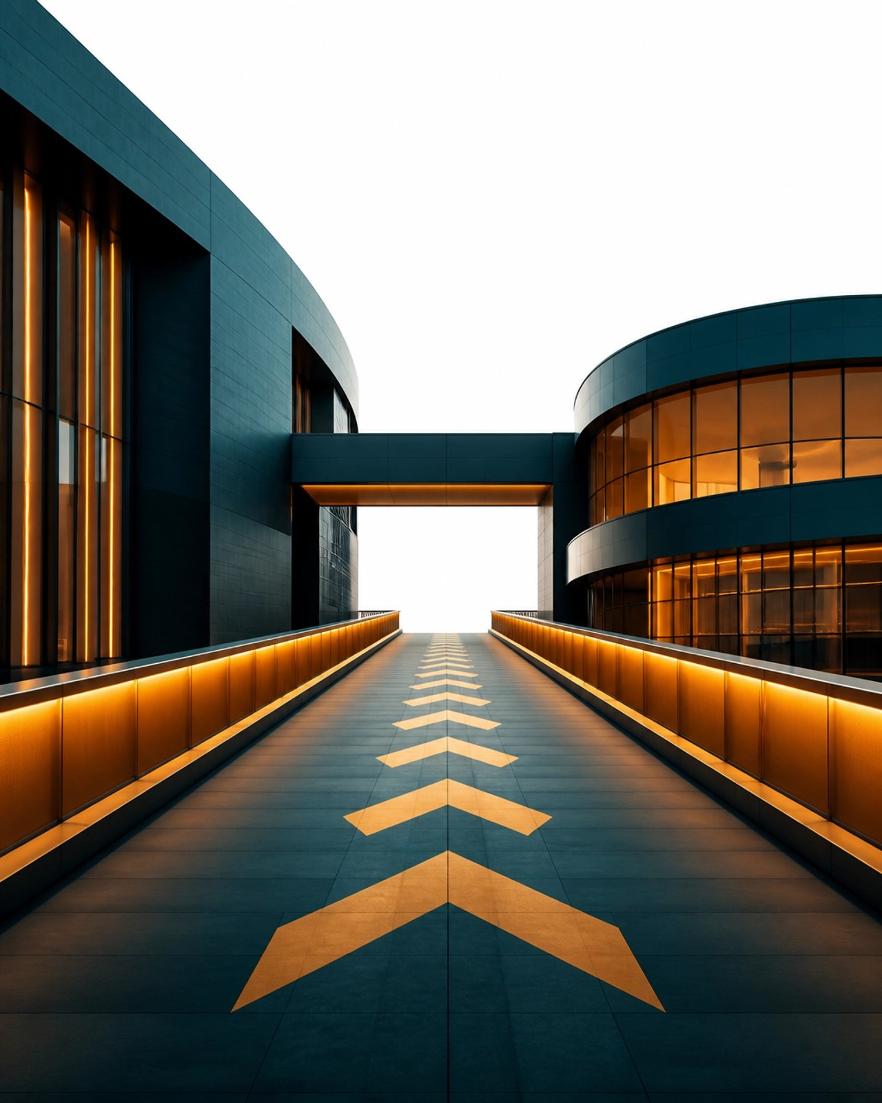 A bridge between two modern buildings with upward arrows, symbolizing the journey and career momentum.