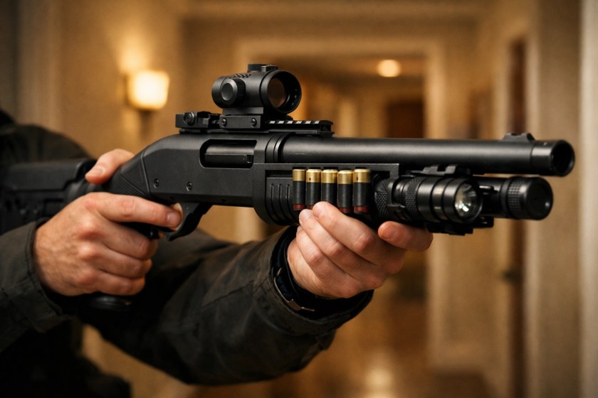 Tactical pump-action shotgun held in proper home defense stance in residential hallway