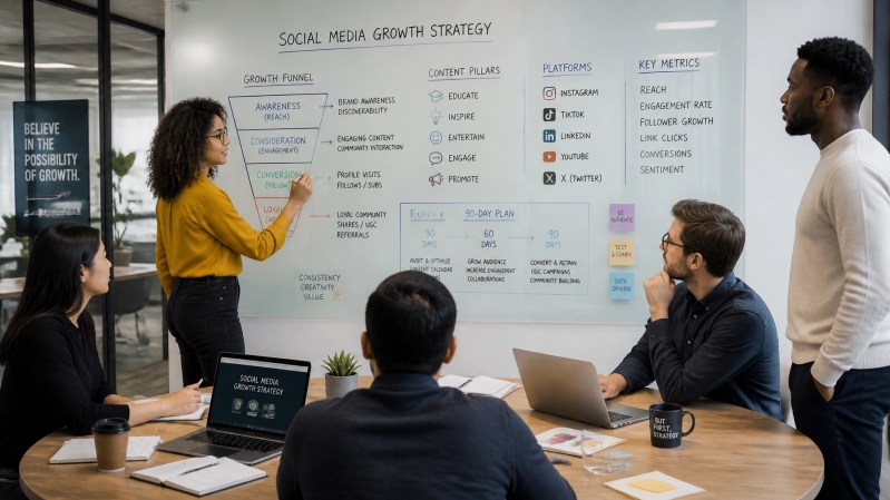 A diverse team of business professionals collaborating around a conference table, mapping out a social media growth strategy on a glass whiteboard