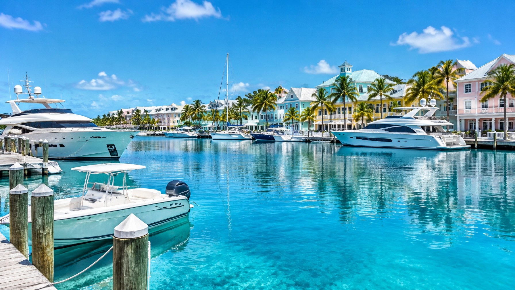 Nassau’s bright marina waters, with yachts, palms, and pastel waterfront details under a clear Caribbean sky