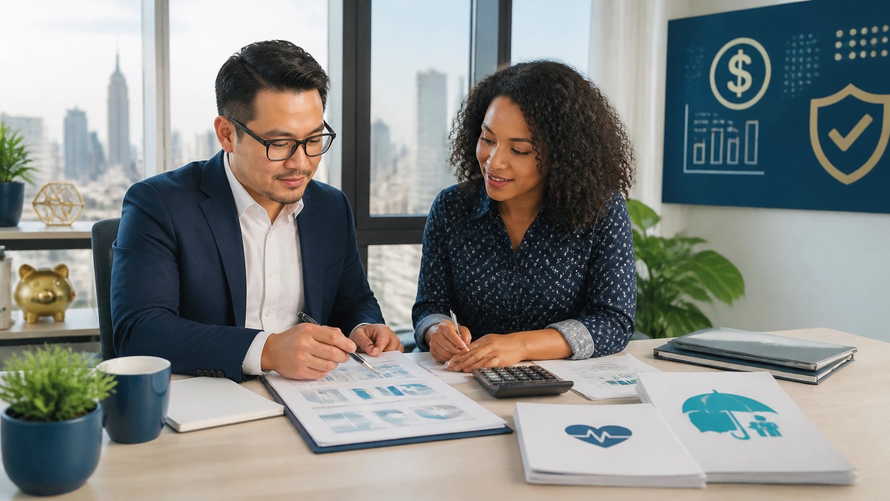 New York small-business owner and accountant reviewing employee benefits costs and potential savings