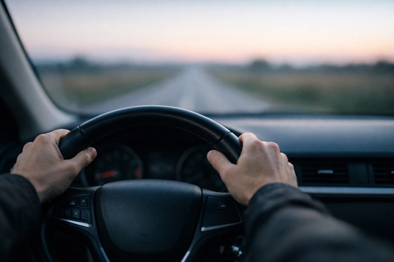 A driver's view of a long rural road, highlighting the necessity of professional medical transportation.