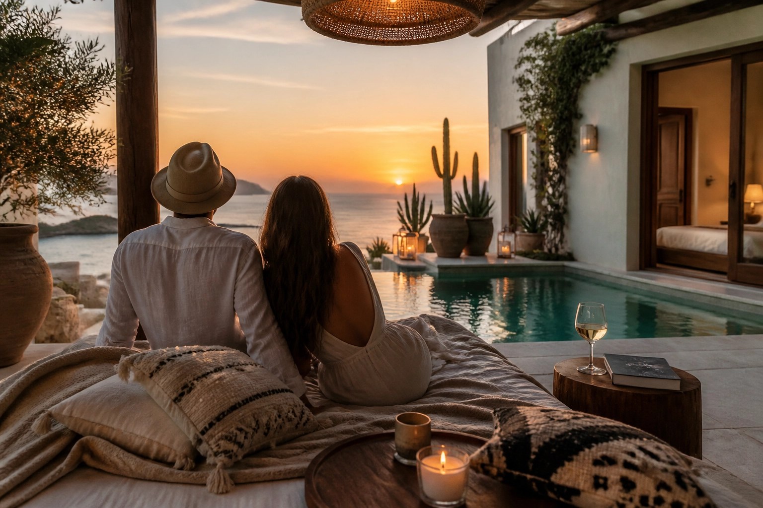 Luxury villa patio with travelers shown from behind in a relaxed, face-free vacation scene.