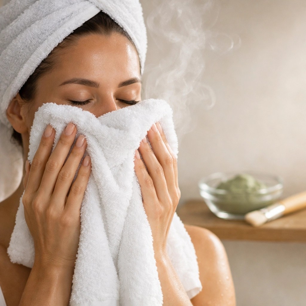 Person using a warm steaming towel to open pores before applying a deep cleansing green clay mask.