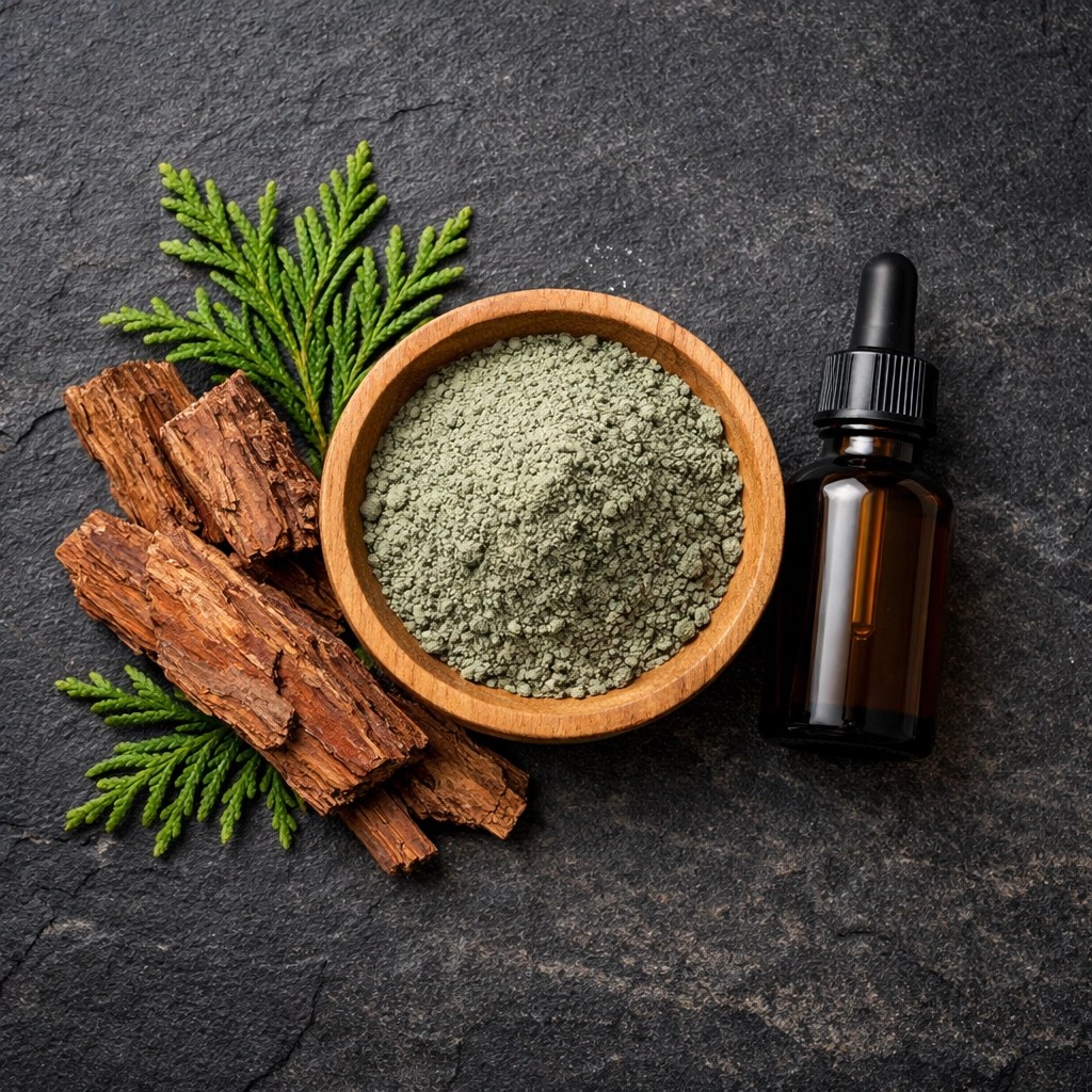 French green clay powder and cedarwood essential oil ingredients for natural thinning hair recovery.