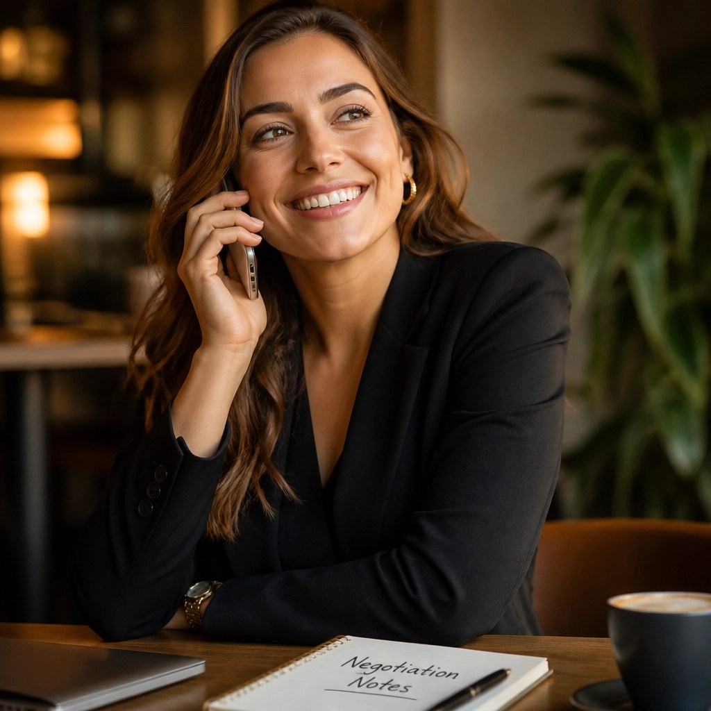 A confident person successfully negotiating their bills over the phone.