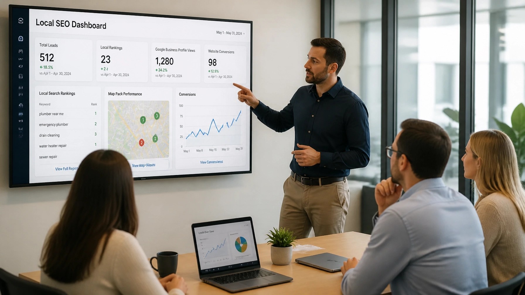 A professional team analyzing lead generation and conversion metrics in a modern office.