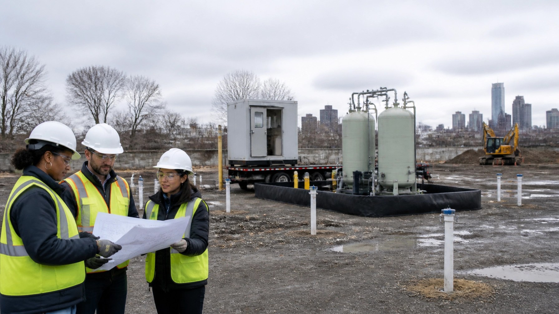Groundwater treatment planning at a New Jersey brownfield with granular activated carbon vessels, monitoring wells, and environmental engineers