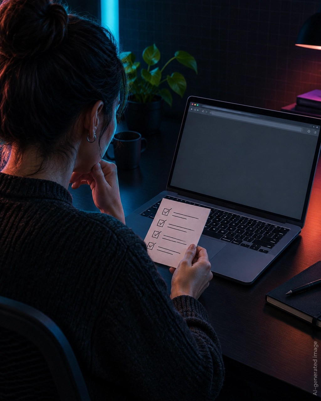 Solo founder reviewing a simple website checklist beside a laptop
