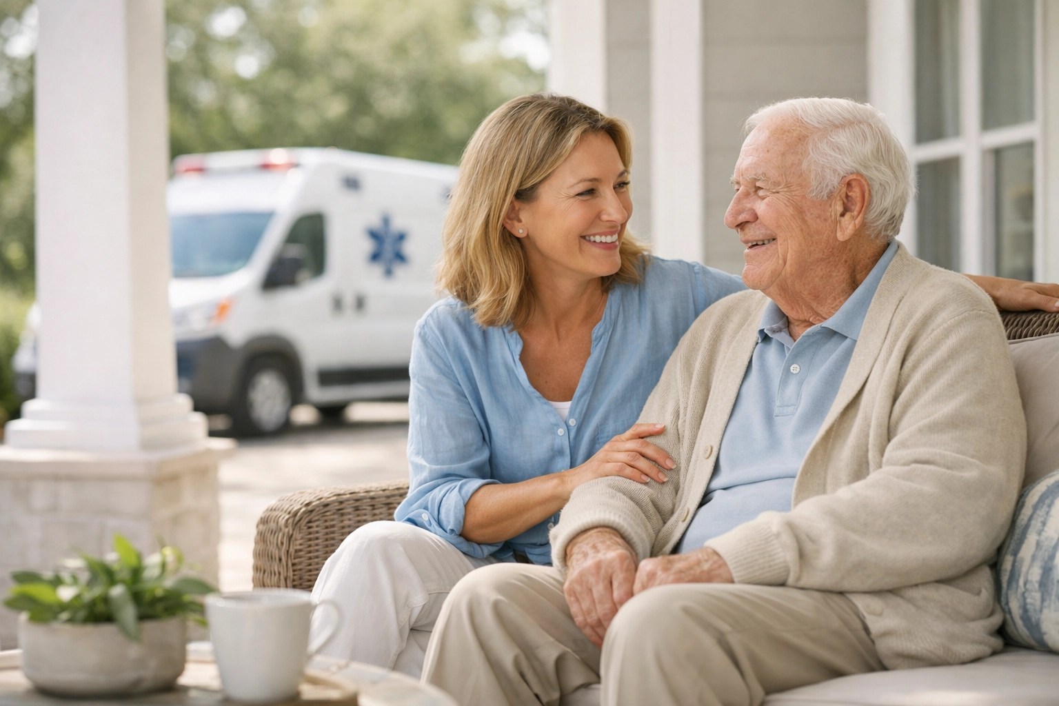 A family relaxed at home with a medical transport vehicle in the background, showing caregiver relief.
