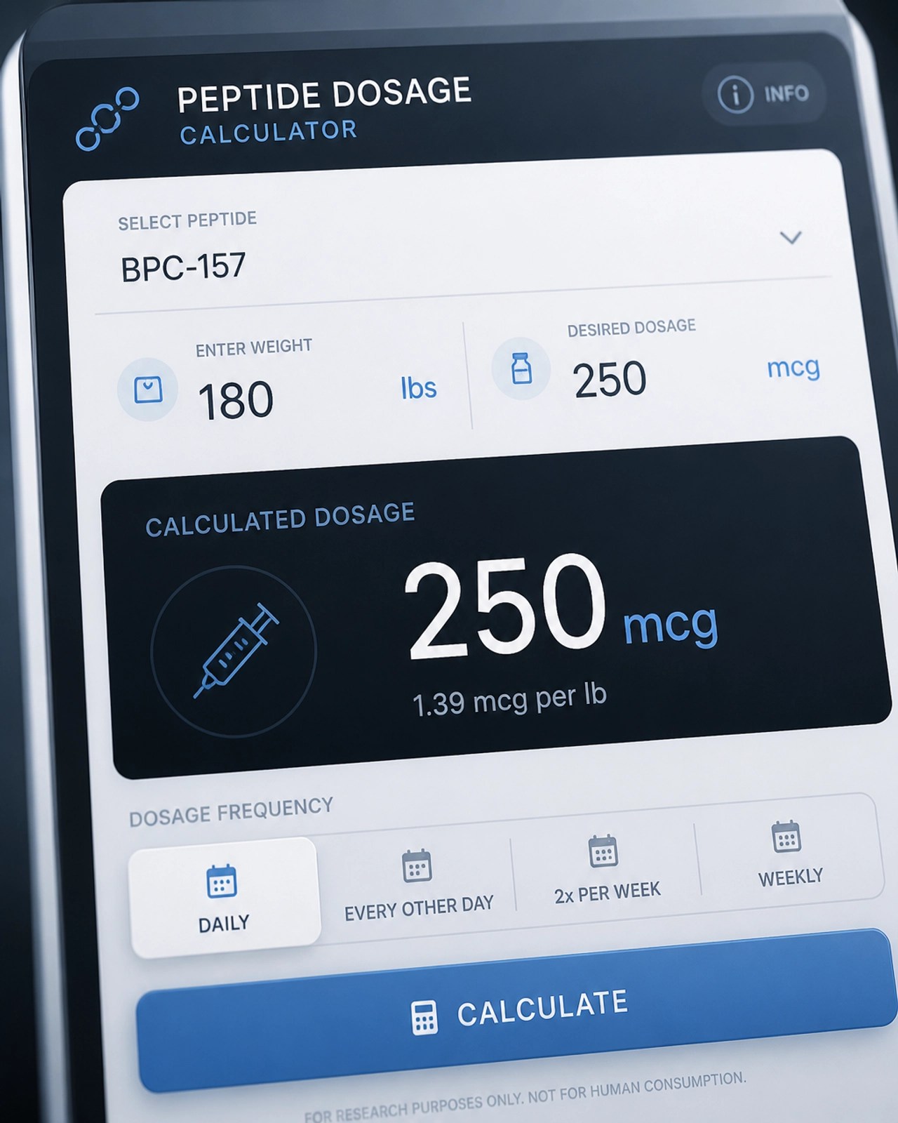 Peptide Calculator interface on a digital screen