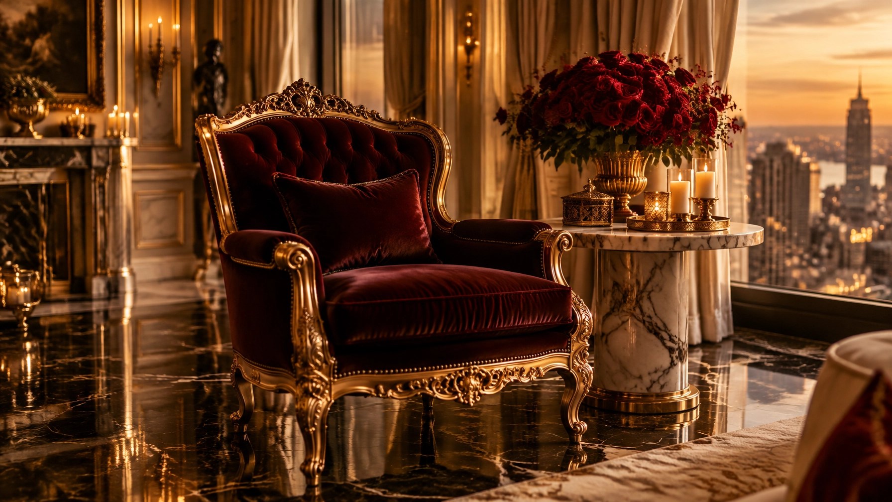 Opulent gilded throne room with velvet armchair, red roses and candlelight, symbolizing divine feminine awakening and dating advice for women