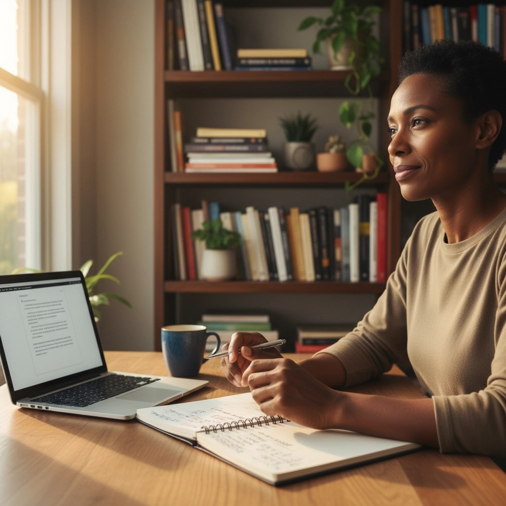 Dark-skinned writer at a tidy desk with laptop, notebook and coffee – focused and reflective