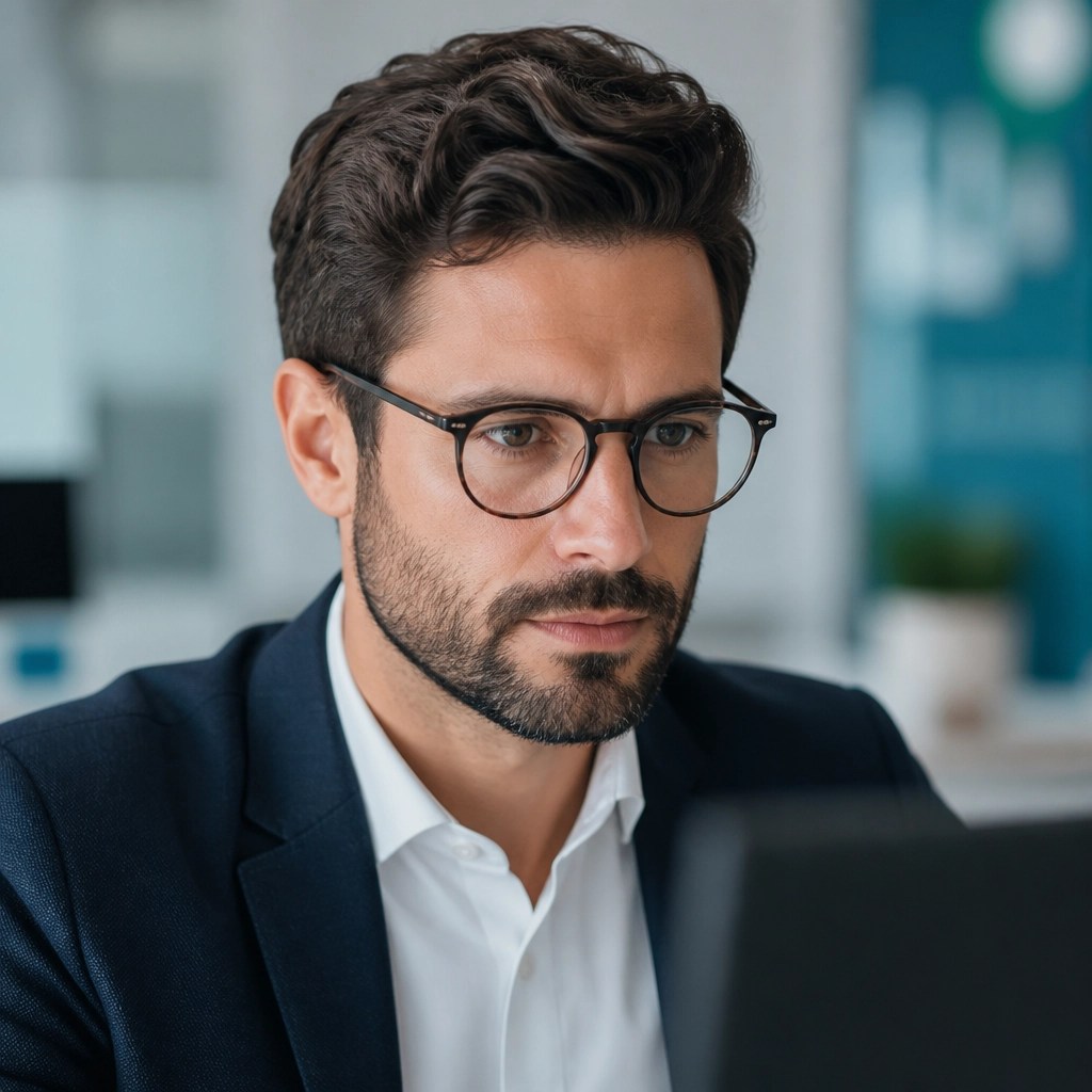 A focused professional in a minimalist setting, representing the shift from manual labour to strategic AI management.