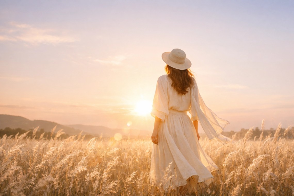 Inspirational image of a woman in a field at sunset representing spiritual endurance and peace.
