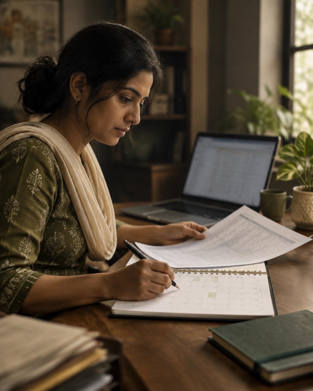 A fundraising coordinator reviews a monthly calendar and donor records at an NGO office desk