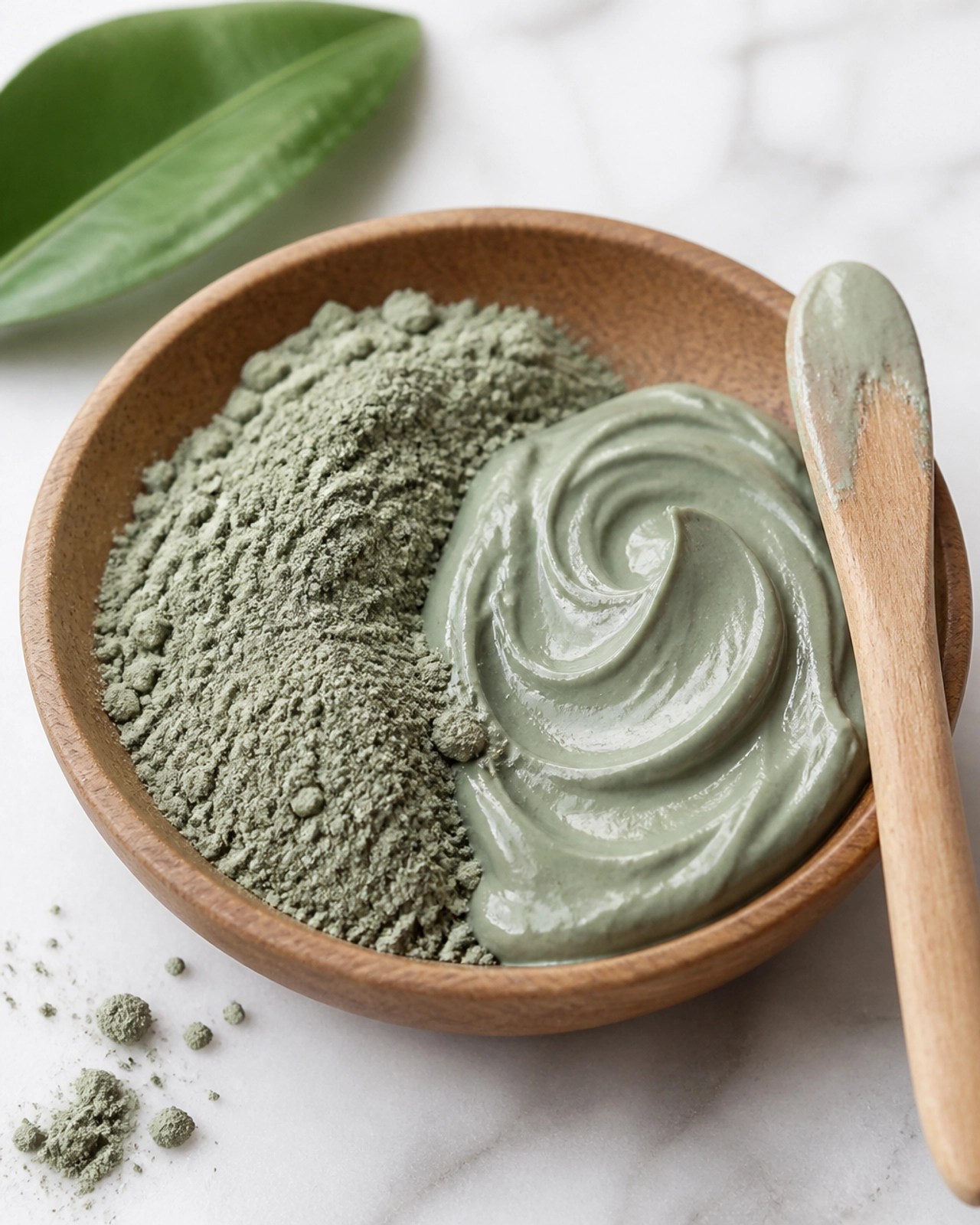 Raw French green clay powder in a wooden bowl