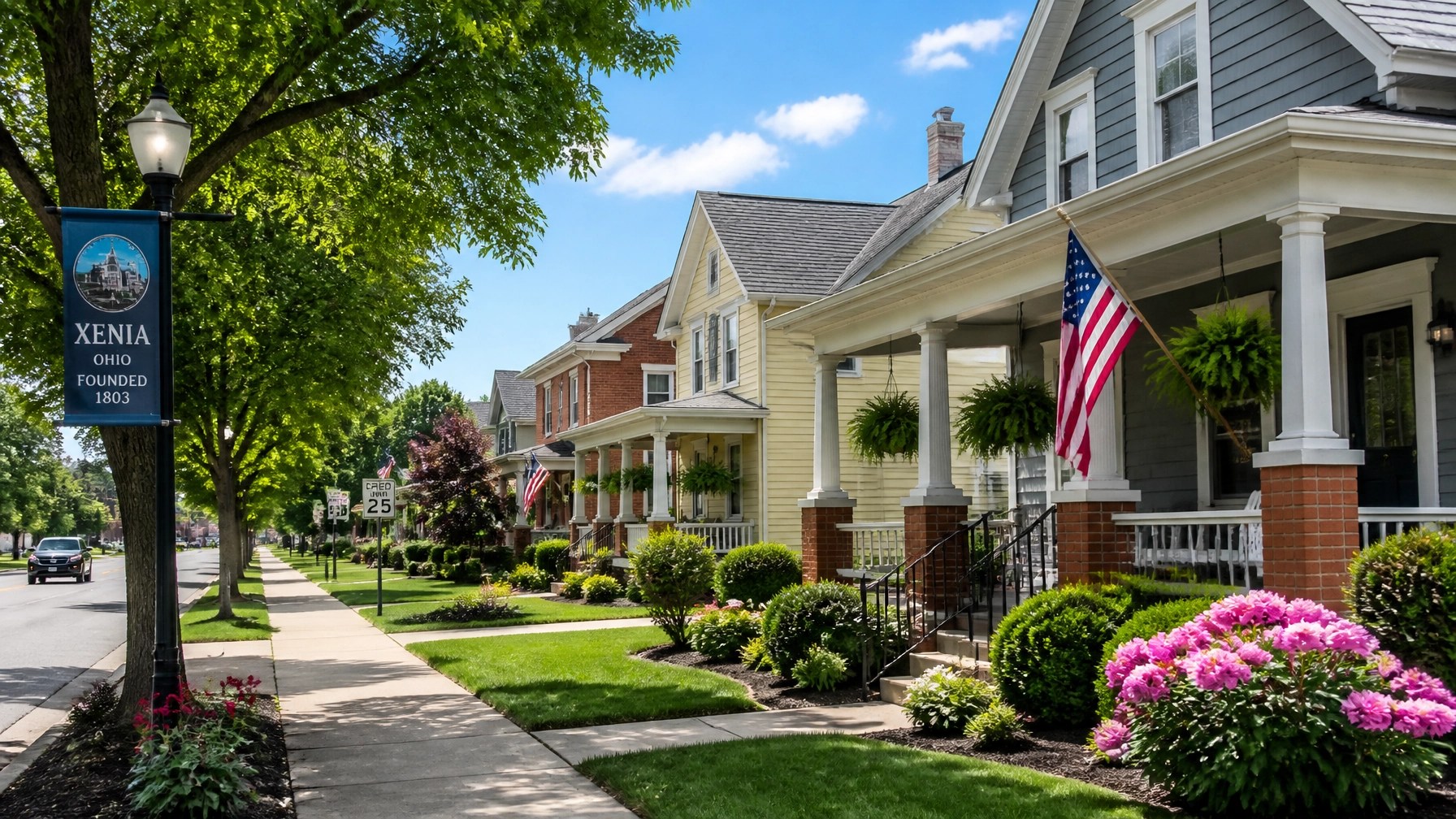 Peaceful residential street in Xenia Ohio featuring classic suburban homes and welcoming front porches