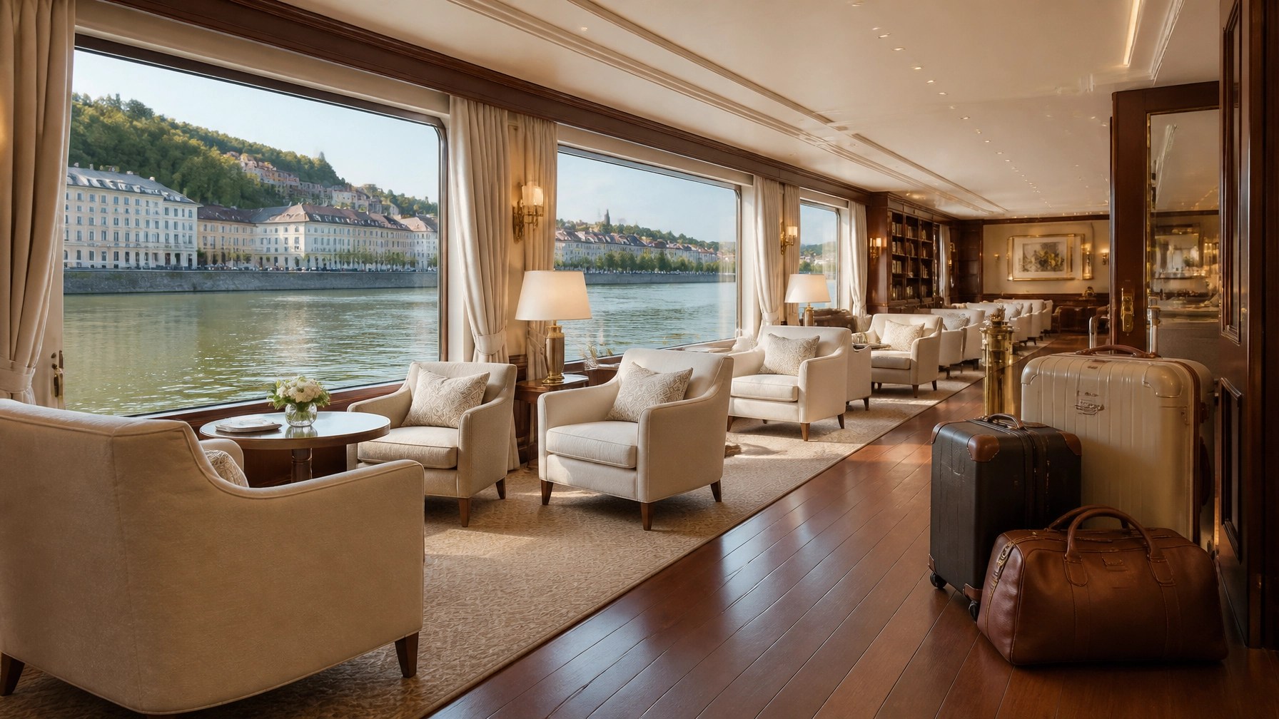 Elegant empty river cruise lounge with panoramic windows overlooking a shallow river and riverside town