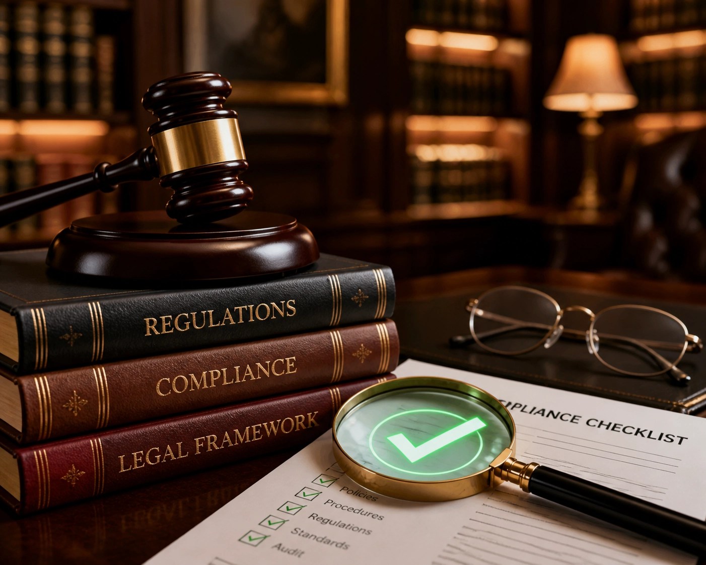 A gavel and magnifying glass highlighting a checkmark on insurance documents to ensure regulatory compliance.