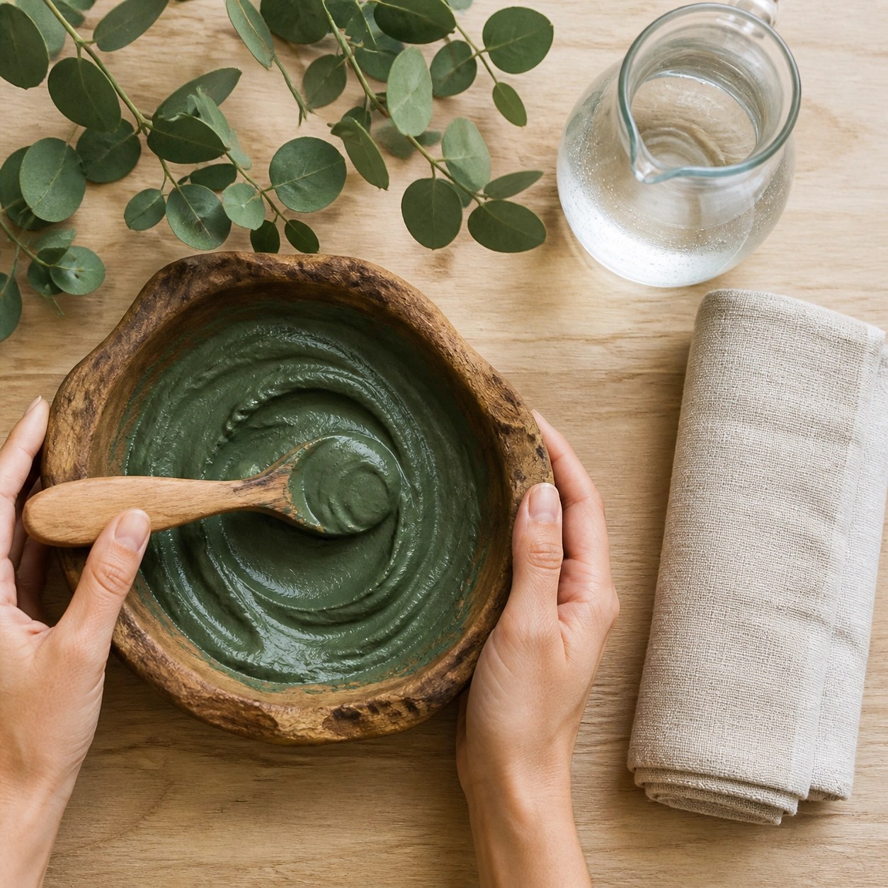 Preparing a creamy green clay mask in a wooden bowl using traditional, natural tools.