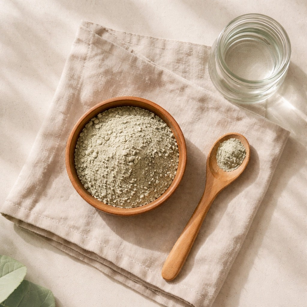 French green clay powder in a wooden bowl with a spoon and water, highlighting minimalist clay wellness routine essentials.