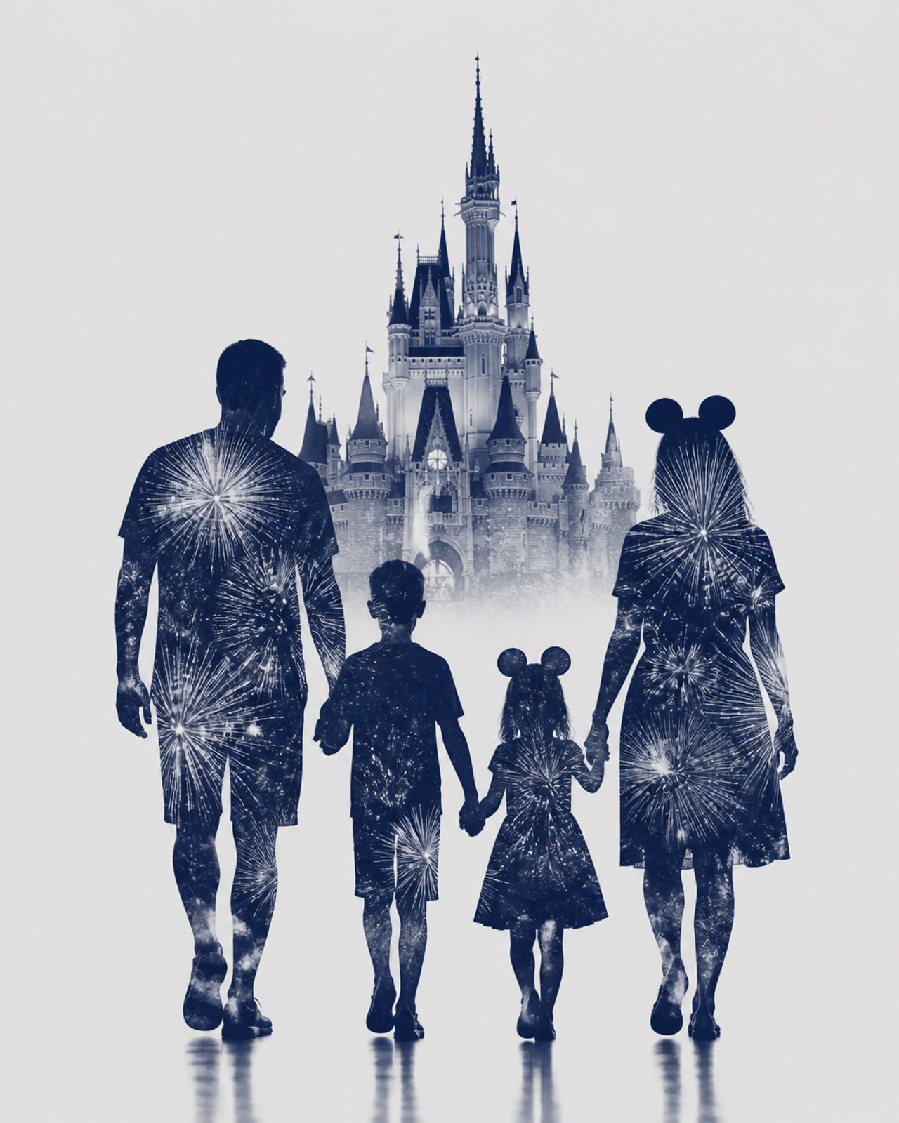 Disney Castle and Family Double Exposure in Midnight Blue