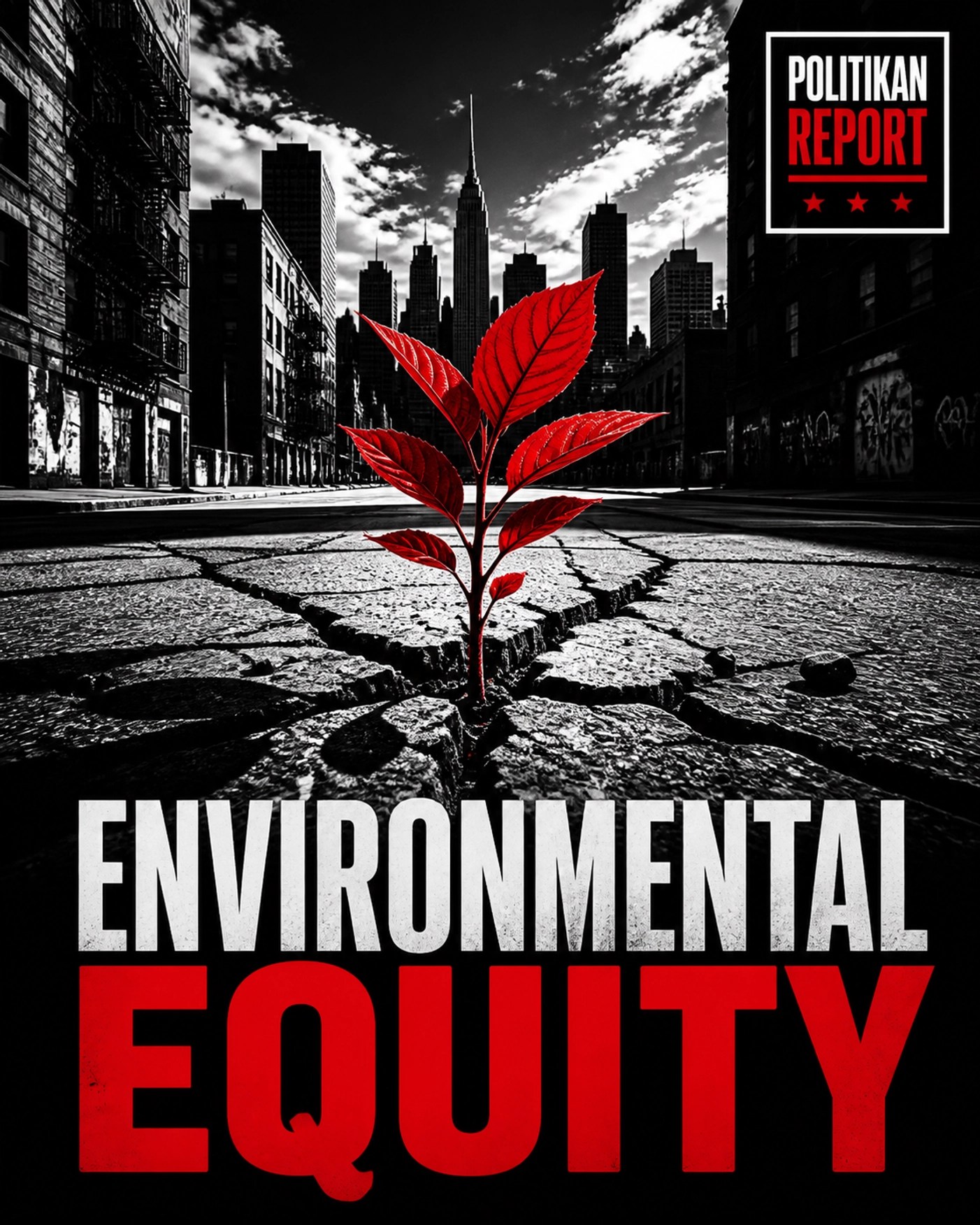 Red plant growing through cracked city pavement representing urban environmental equity and climate justice.
