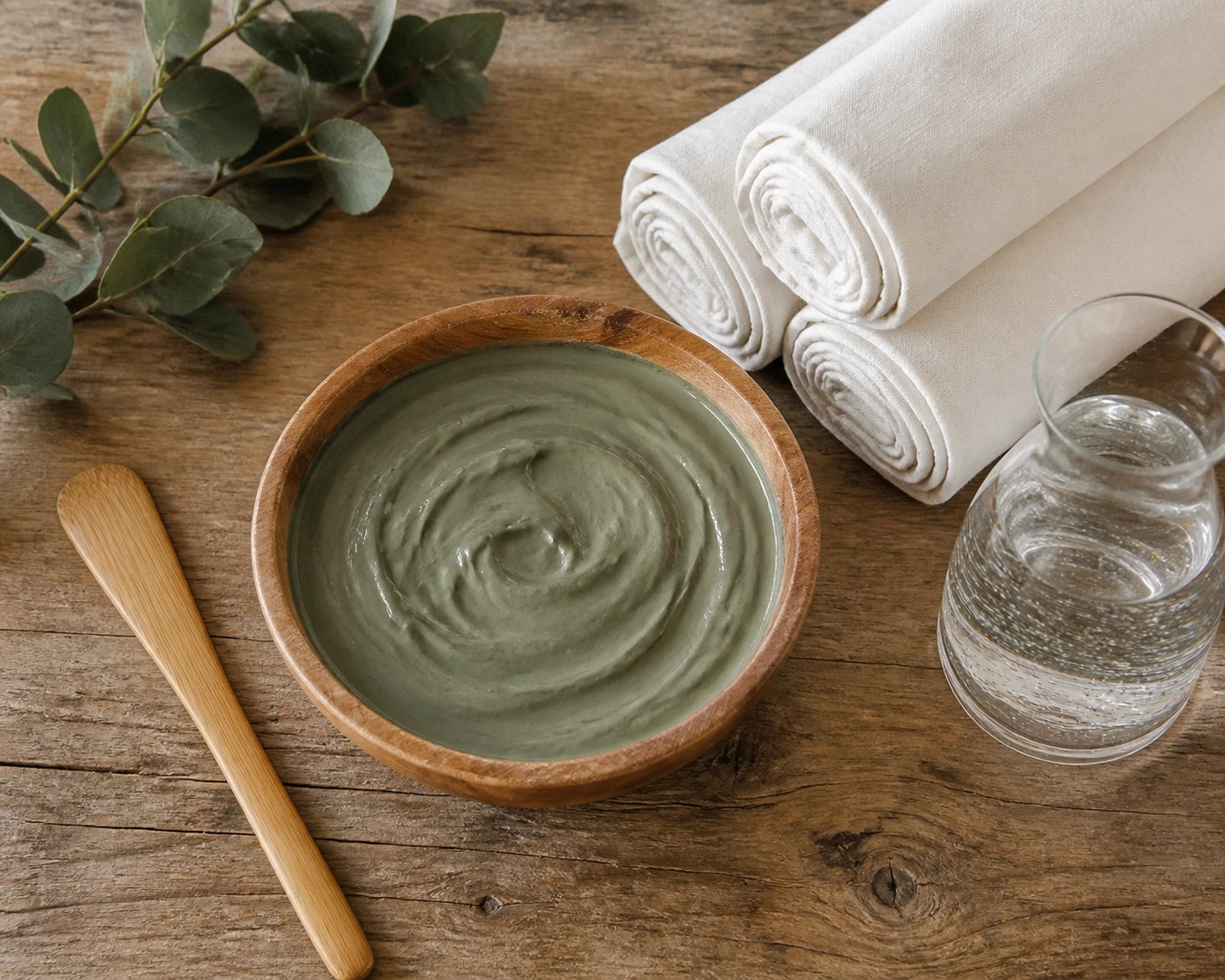 Handcrafted wooden bowl with prepared French green clay mixture and tools for a natural detox ritual.