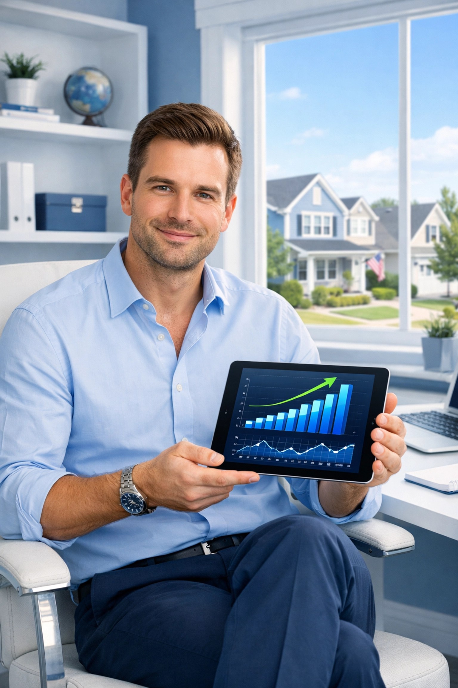 Successful insurance agency owner using digital tools to manage growth and protect families across America.