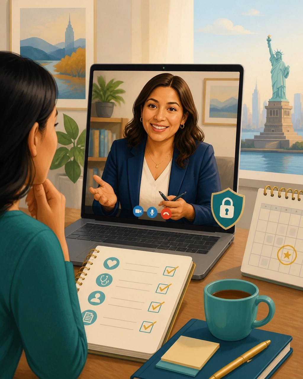 New York resident completing health insurance enrollment with a trusted advisor by video call
