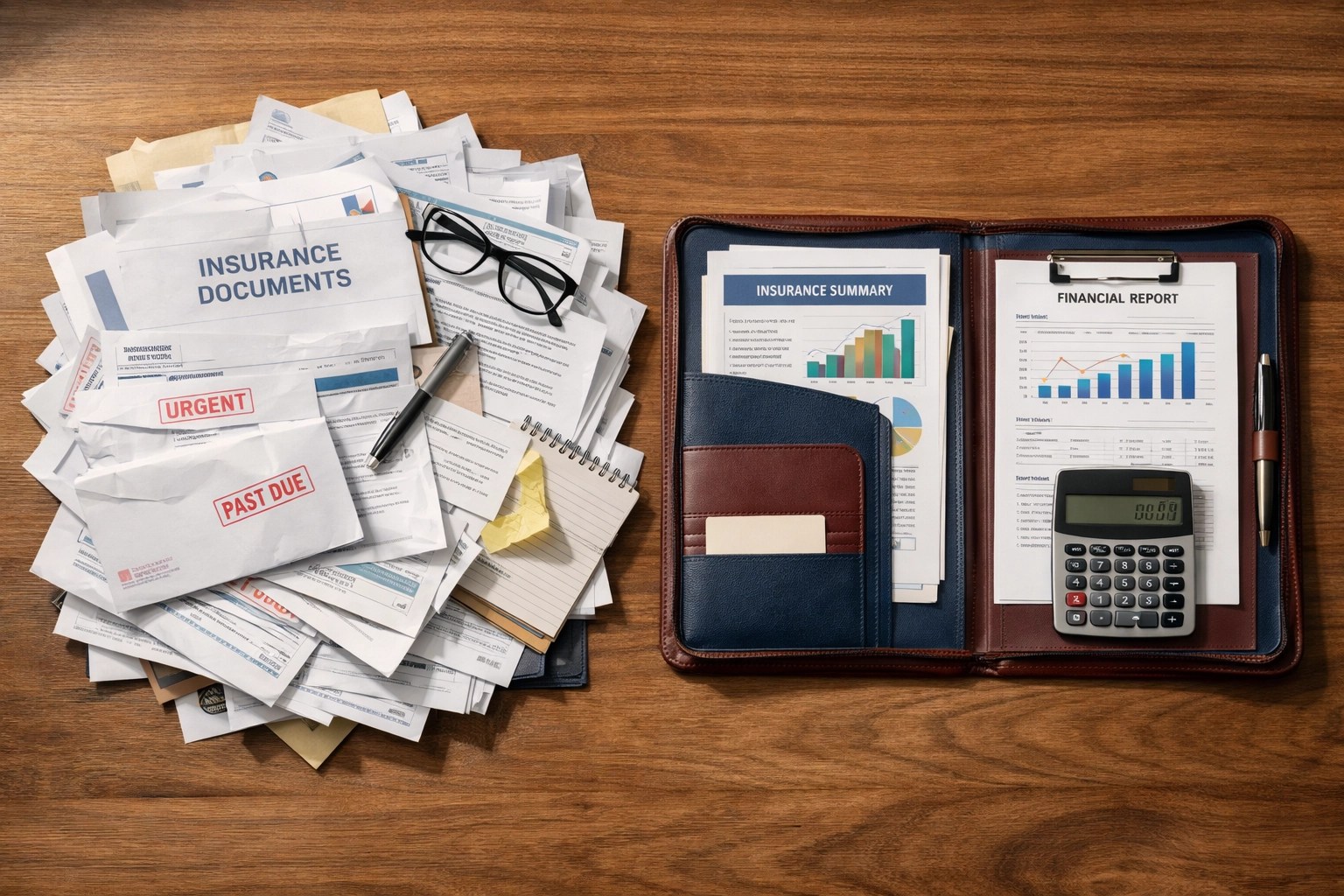 Organized insurance documents versus disorganized papers on desk