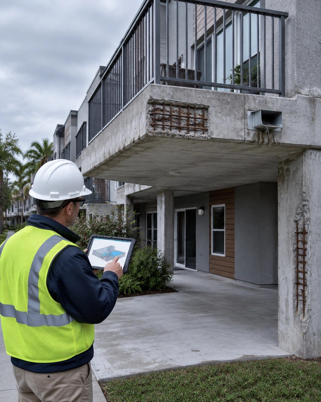 New Jersey structural engineer inspecting a concrete podium deck and condominium balcony