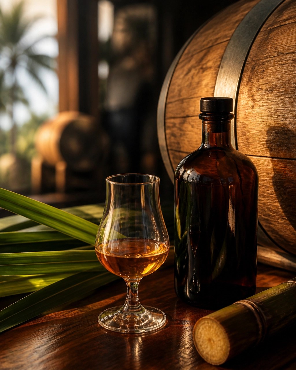 Elegant Barbados rum tasting still life with amber rum, oak barrel texture, sugar cane leaves, and warm tropical light