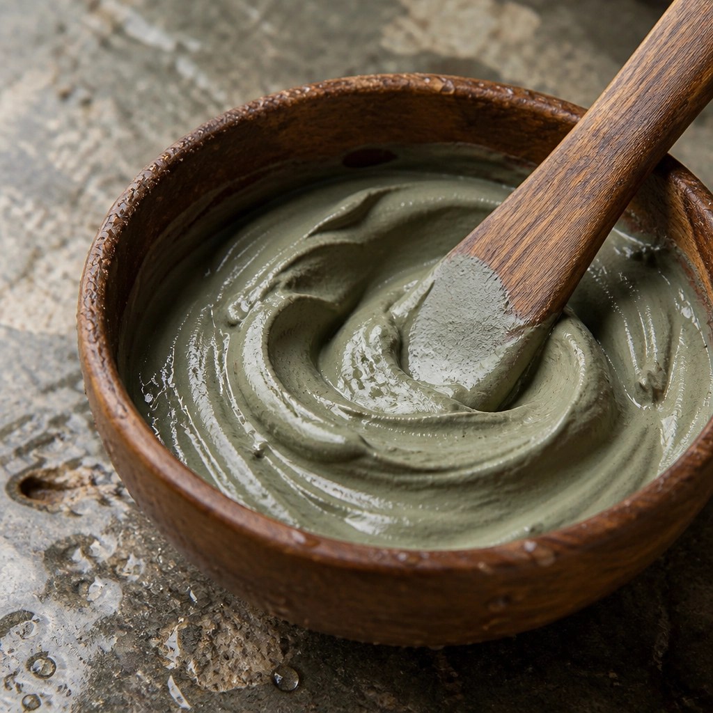 Close up of green clay being mixed in a bowl