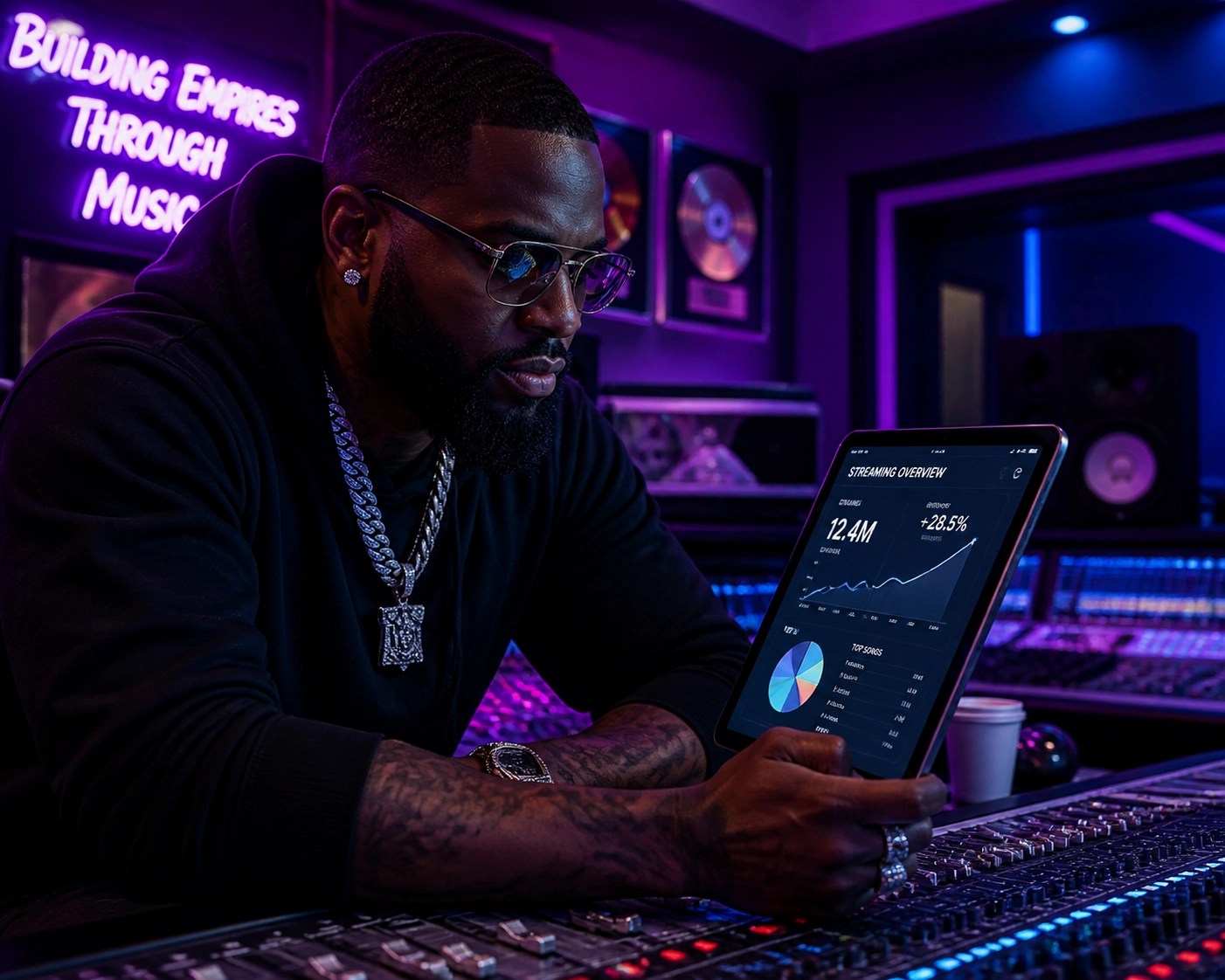 Black music artist analyzing business data in a West Coast recording studio.