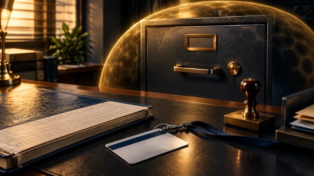 Secure office keycard, bank ledger, unused approval stamp, and locked file drawer inside a protective boundary