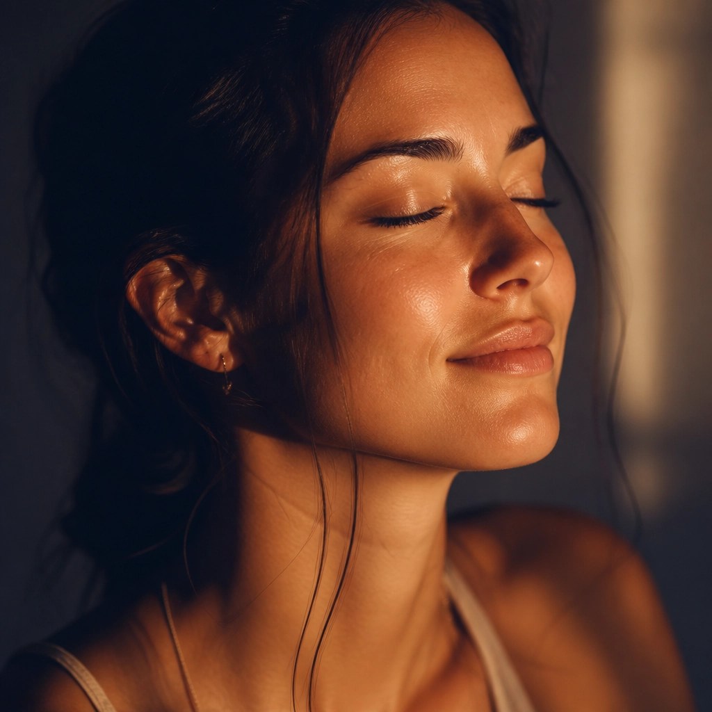 A peaceful woman looking toward the light, finally feeling aligned and seen.
