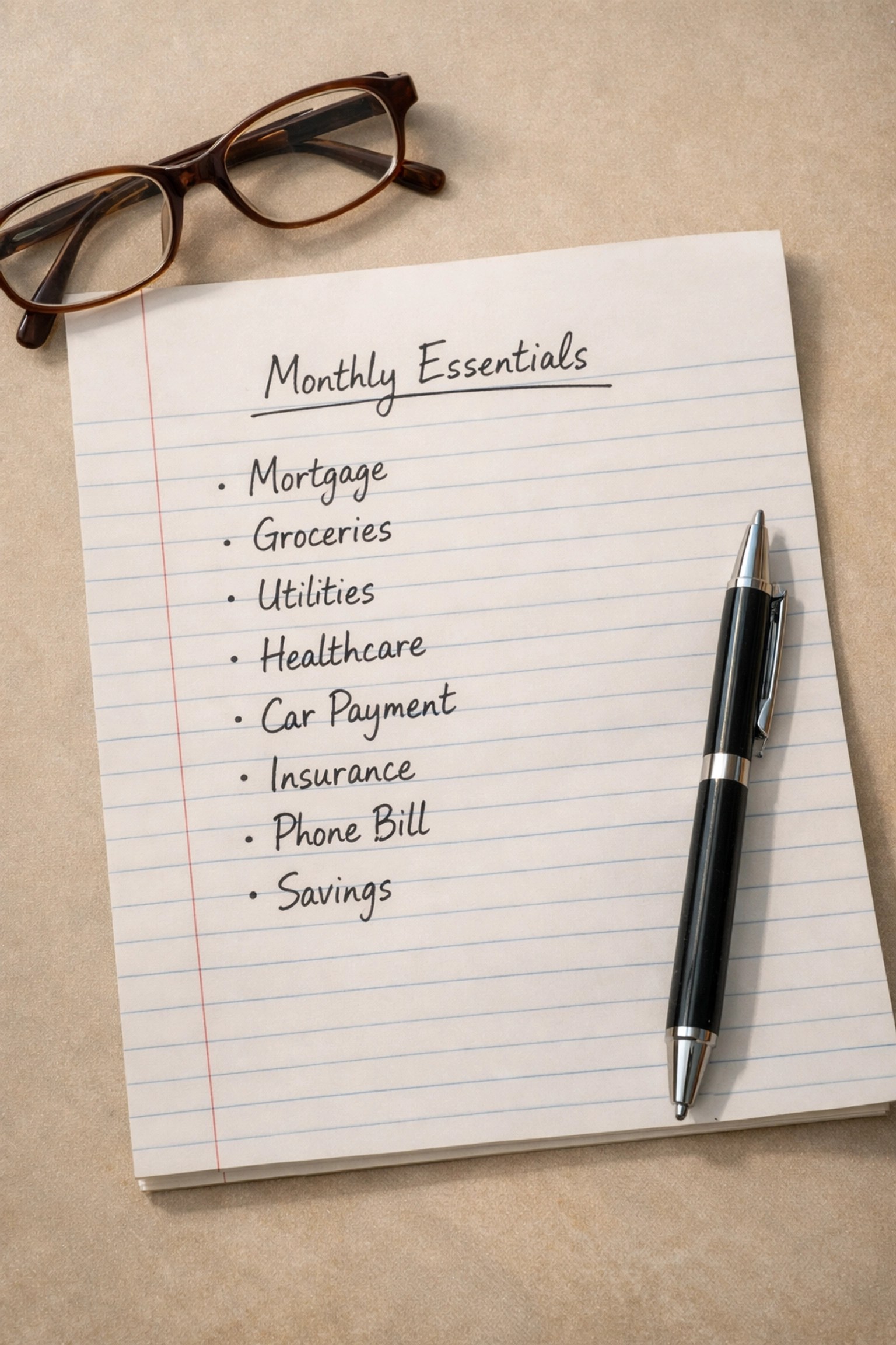 Handwritten list of monthly essential retirement expenses including mortgage, groceries, and healthcare